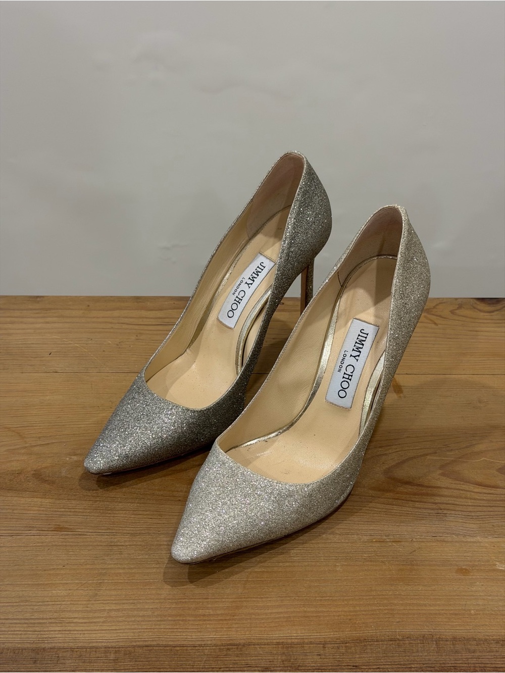 Jimmy Choo Silver Glitter Pointed Pumps